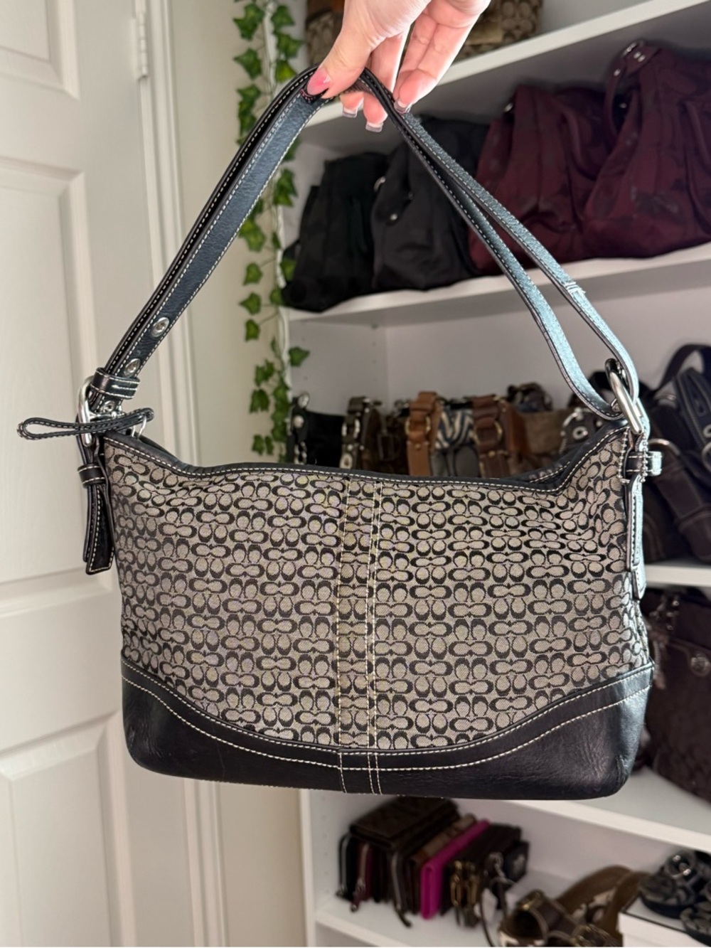 Coach Signature Canvas Hobo Shoulder Bag in Beige and Black